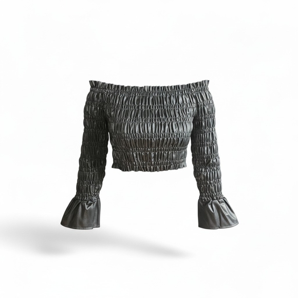 Venus Faux Leather Smocked Off-The-Shoulder Crop Top Size Small - Picture 8 of 11